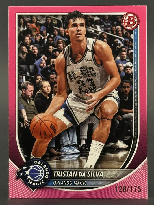 Tristan da Silva 2024-25 Bowman Basketball #128/175 Orlando Magic pink parallel card.