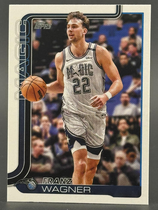 Franz Wagner Topps basketball card featuring him dribbling in a Magic jersey.
