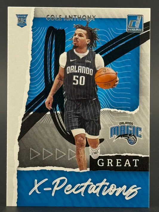 Cole Anthony Orlando Magic rookie basketball card, Donruss X-Pectations insert, dribbling a ball.