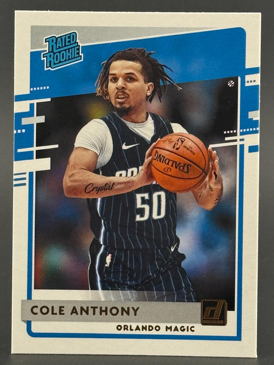 Cole Anthony 2020-21 Donruss Rated Rookie trading card holding a basketball.