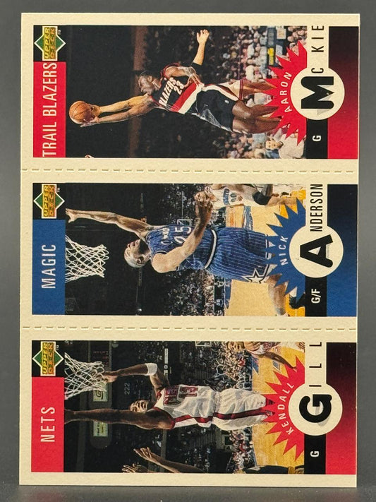 1993 Upper Deck trading card panel featuring Aaron McKie, Nick Anderson, and Kendall Gill.