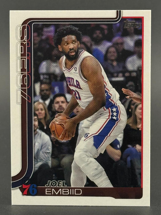 Joel Embiid 76ers basketball trading card holding a basketball in uniform.
