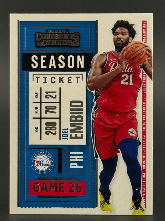 2020-21 Panini Contenders Joel Embiid trading card featuring player holding a basketball.