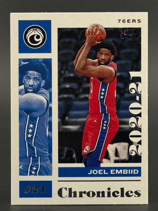 2020-21 Panini Chronicles Joel Embiid trading card #21, Philadelphia 76ers.