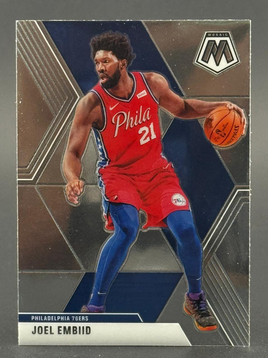 Joel Embiid 76ers Mosaic basketball trading card, dribbling in red uniform.