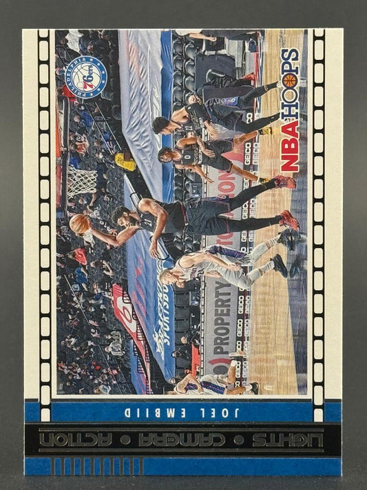 Joel Embiid 2021-22 NBA Hoops Lights Camera Action trading card.