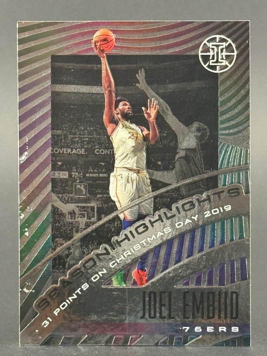 2019 Joel Embiid Season Highlights trading card featuring a photo of Embiid shooting a basketball.