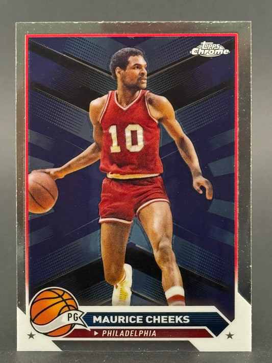 Topps Chrome basketball trading card of Maurice Cheeks in a red Philadelphia uniform dribbling a ball.