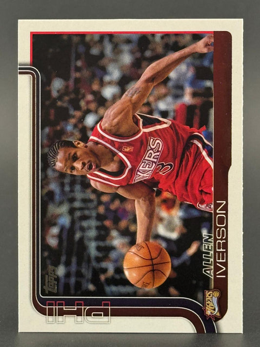 Allen Iverson basketball trading card featuring him dribbling in a red 76ers uniform.