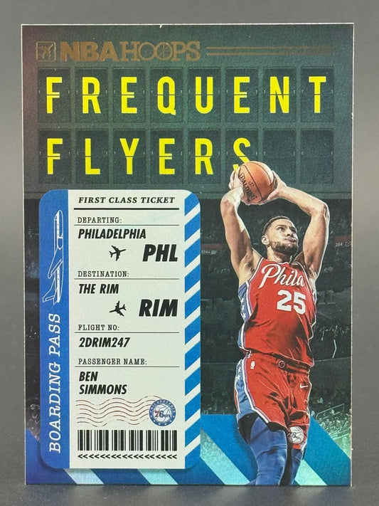 Ben Simmons 2018-19 NBA Hoops Frequent Flyers trading card featuring a boarding pass design.