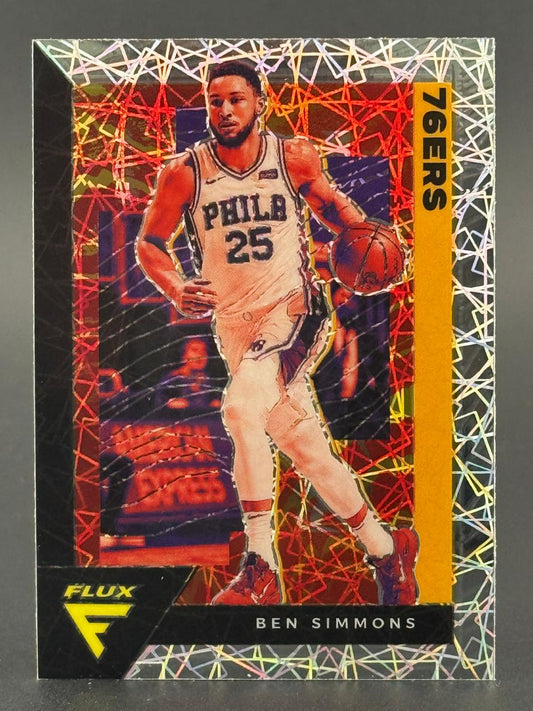 Ben Simmons 76ers basketball trading card with a shiny mosaic geometric background pattern.