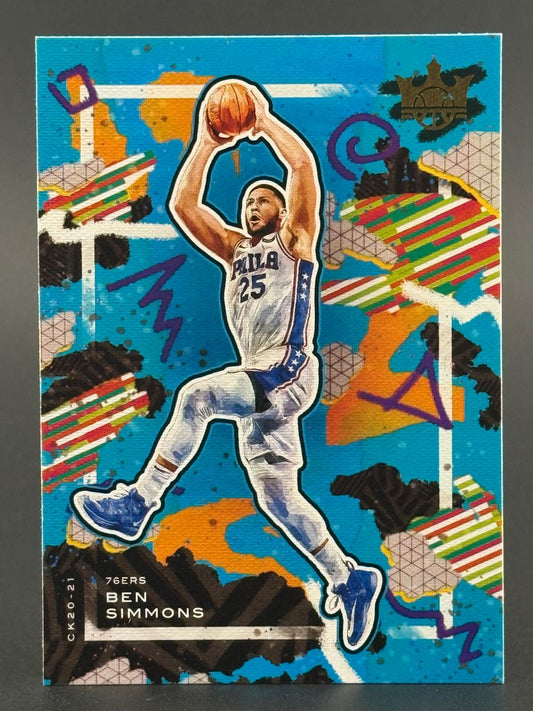 2020-21 Ben Simmons 76ers trading card featuring an artistic collage background.