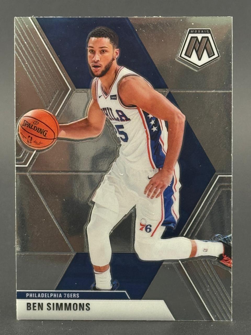 Ben Simmons 76ers basketball card featuring a Panini Mosaic logo and silver parallel background.