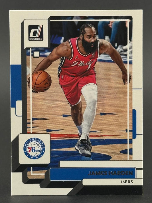 James Harden 76ers Donruss basketball card dribbling on court.
