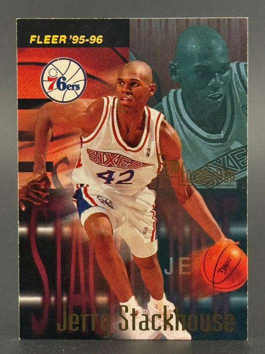 1995-96 Fleer Jerry Stackhouse 76ers basketball card dribbling.
