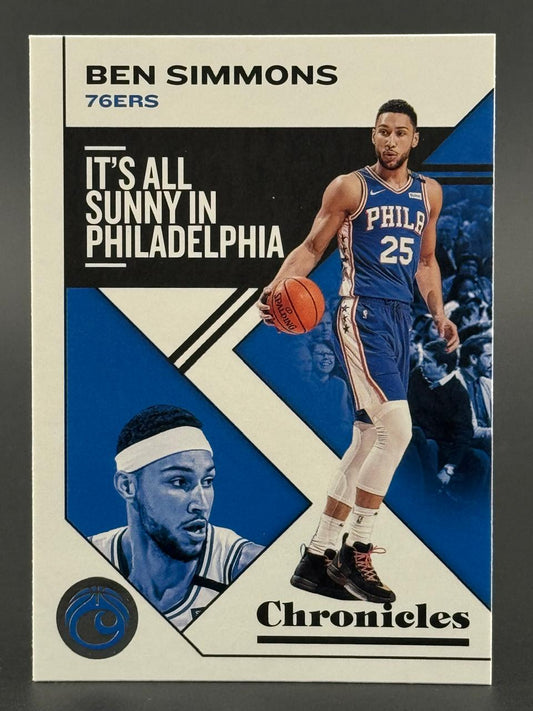 Ben Simmons 76ers basketball card from Chronicles featuring "It's All Sunny in Philadelphia" text.