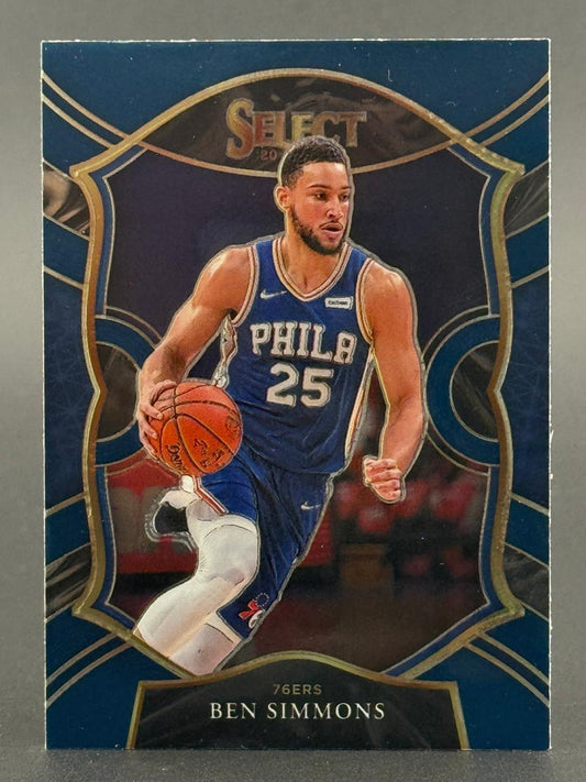 2019-20 Panini Select Ben Simmons trading card, #25, showing him in a 76ers uniform dribbling a basketball.