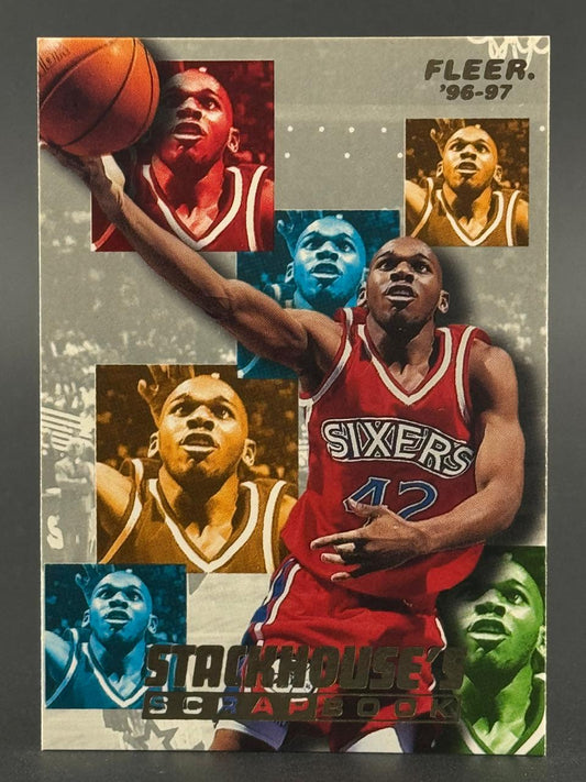 1996-97 Fleer Jerry Stackhouse's Scrapbook basketball card featuring multiple photos of Stackhouse in a Sixers uniform.