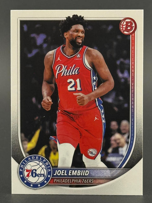 Joel Embiid basketball trading card, Philadelphia 76ers, wearing red uniform #21.
