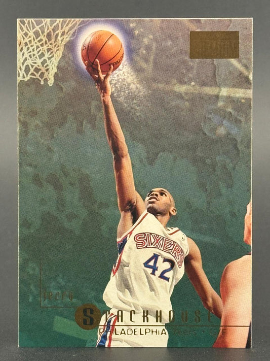 Jerry Stackhouse 1995-96 Stadium Club basketball card #144, showing him in a Sixers uniform going for a layup.