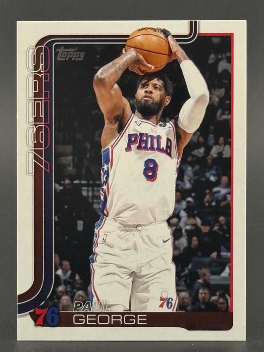 Paul George basketball card, showing him in a Philadelphia 76ers uniform shooting a jump shot.