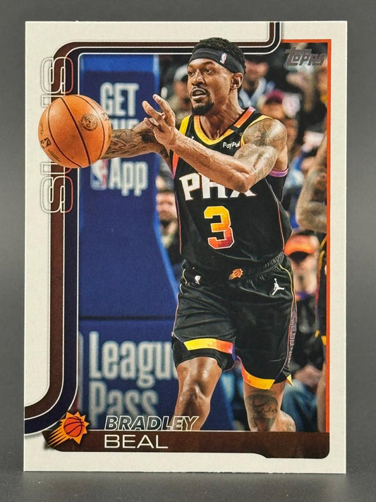 Bradley Beal trading card with him passing a basketball in a Phoenix Suns uniform.