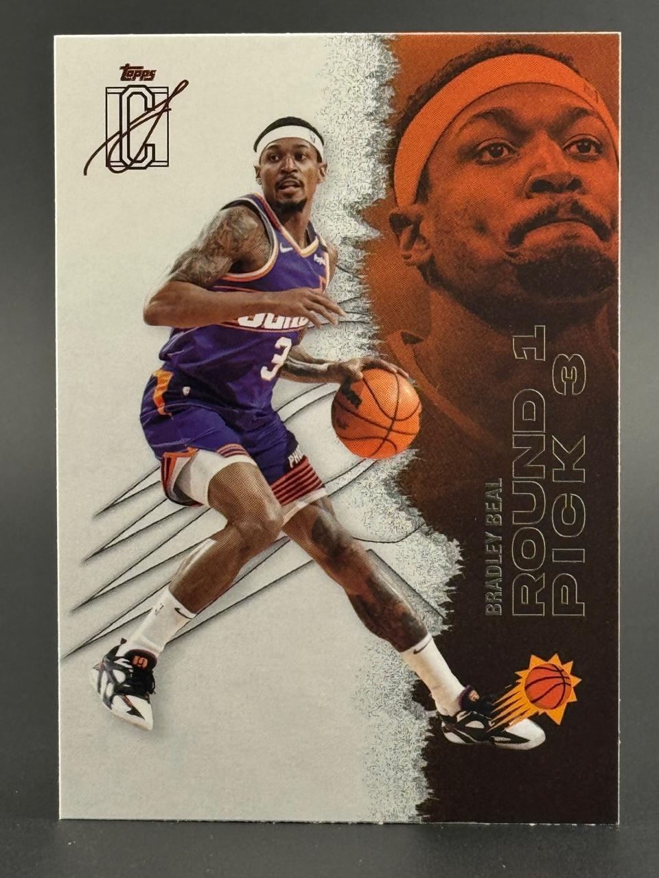 Trading card of Bradley Beal in a purple jersey dribbling a basketball, featuring a large portrait and "Round 1 Pick 3".
