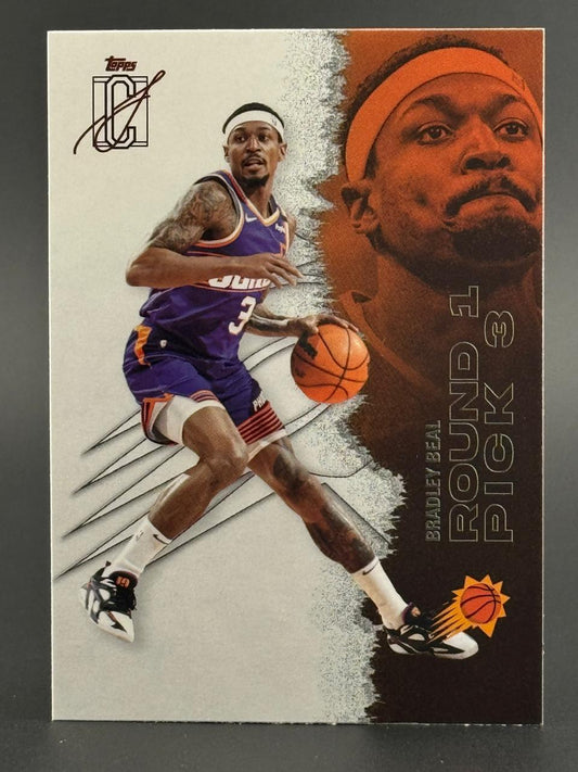 Trading card of Bradley Beal in a purple jersey dribbling a basketball, featuring a large portrait and "Round 1 Pick 3".