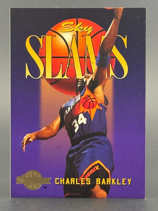 Trading card of Charles Barkley in a Phoenix Suns jersey, featuring the Sky Slams insert title.