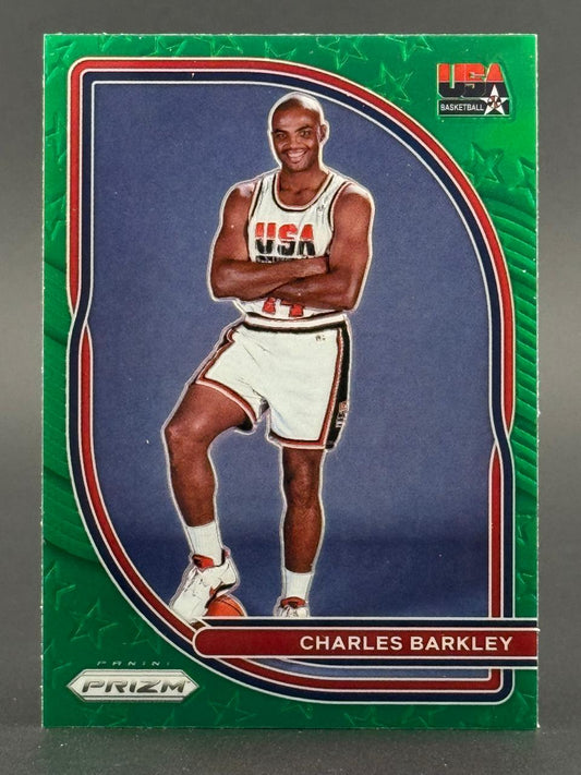Panini Prizm Charles Barkley trading card, featuring him in a USA Basketball jersey.