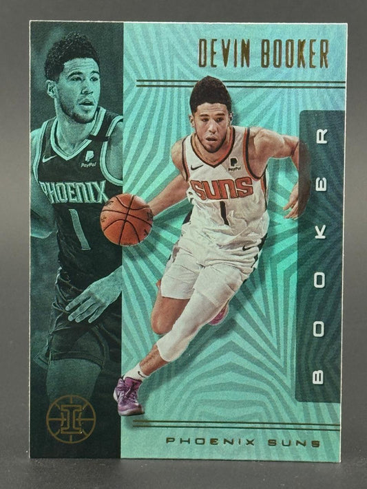 Devin Booker Phoenix Suns basketball trading card, teal patterned background with two player images.