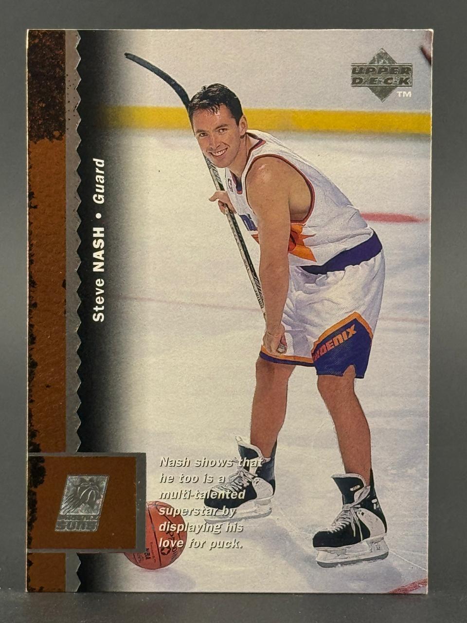 Trading card of basketball player Steve Nash in a Suns uniform on an ice hockey rink, holding a hockey stick.