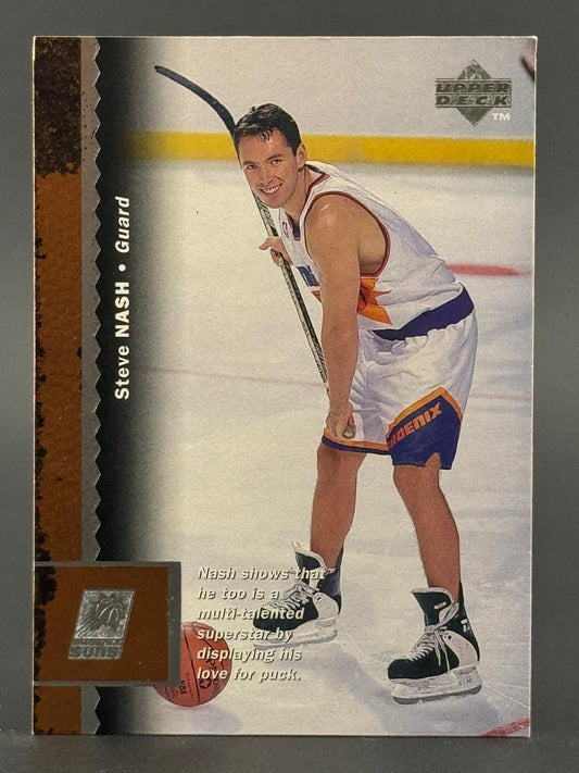 Trading card of basketball player Steve Nash in a Suns uniform on an ice hockey rink, holding a hockey stick.
