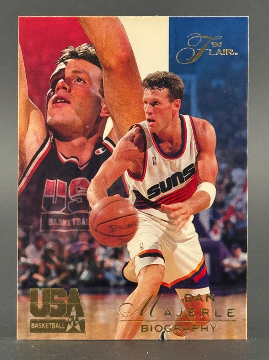 1994 Flair Dan Majerle trading card featuring the Phoenix Suns player dribbling, with a USA Basketball background.