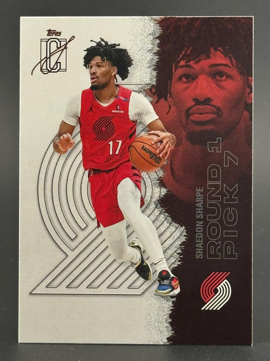 Shaedon Sharpe Topps basketball card showing him dribbling in a red Trail Blazers uniform with "Round 1 Pick 7".