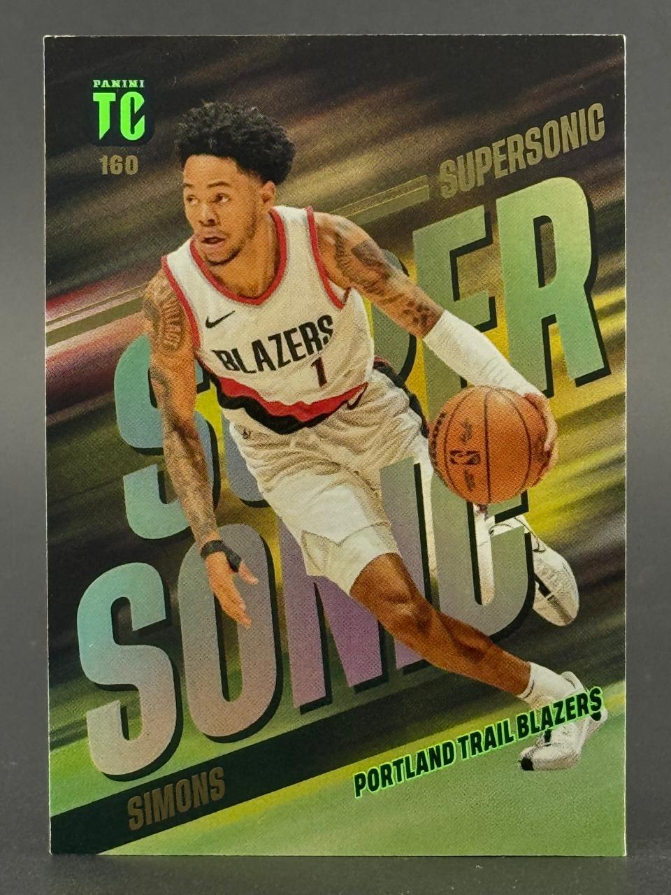 Anfernee Simons 2021 Panini Prizm Draft Picks Supersonic card #160, dribbling a basketball.