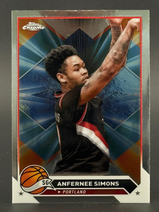 Anfernee Simons Topps Chrome basketball card, showing him in a Portland jersey shooting.