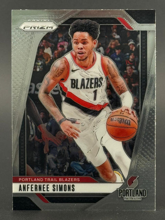 Anfernee Simons 2021-22 Panini Prizm Basketball card dribbling in a white Blazers uniform.