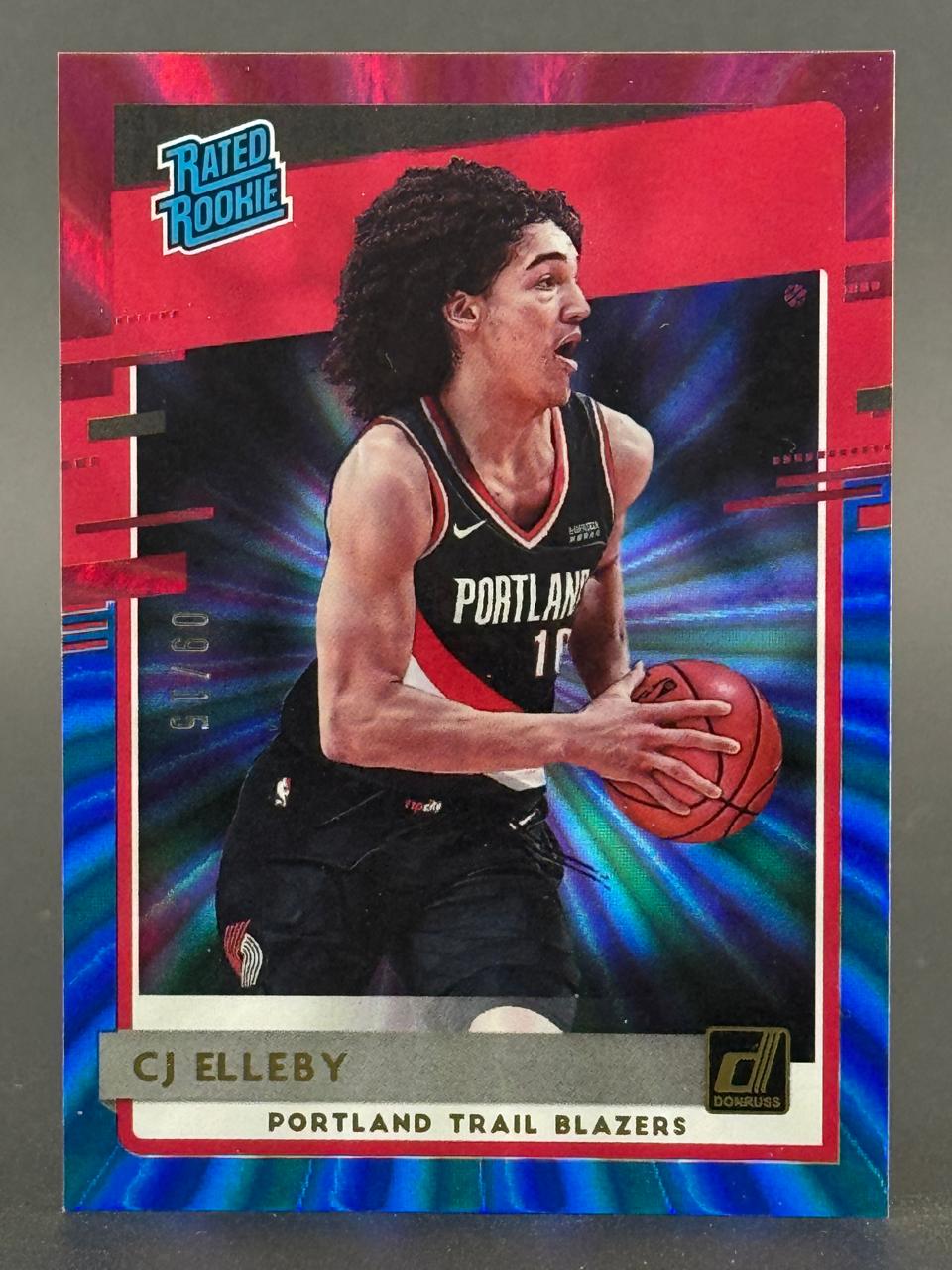 CJ Elleby 2020-21 Donruss Rated Rookie trading card in Portland Trail Blazers uniform, holding a basketball.