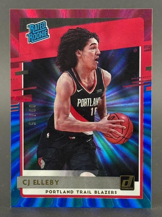CJ Elleby 2020-21 Donruss Rated Rookie trading card in Portland Trail Blazers uniform, holding a basketball.