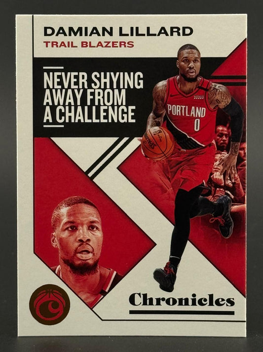 Damian Lillard 2020-21 Chronicles basketball card showing him in a Trail Blazers uniform dribbling.