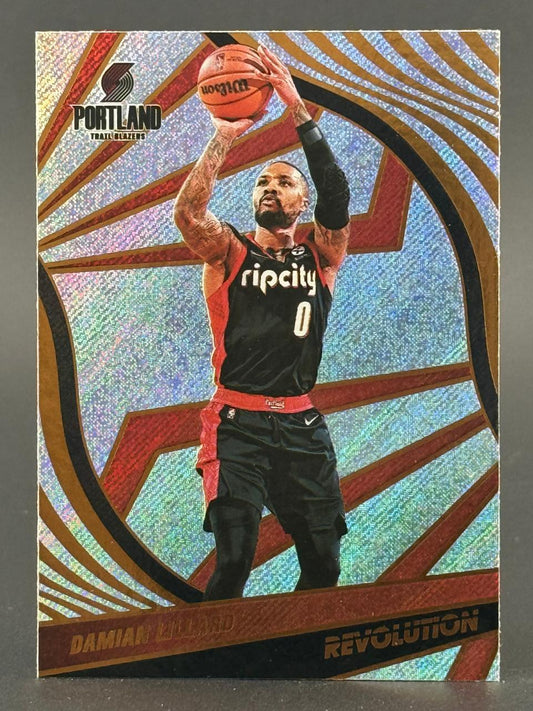 Damian Lillard basketball card, Revolution set, featuring a holographic abstract background and his Portland Trail Blazers jersey.