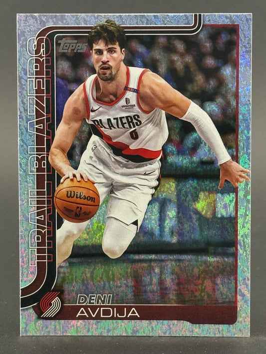 Trading card of Deni Avdija in a Trail Blazers uniform dribbling a basketball, from the Topps set.