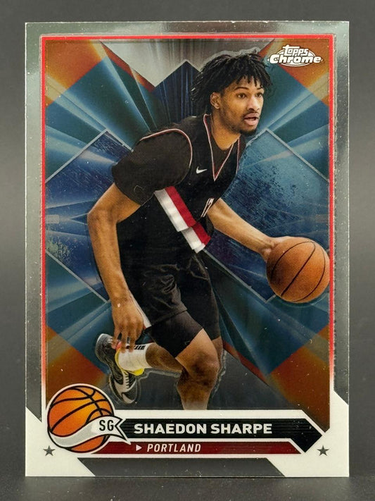 Shaedon Sharpe Topps Chrome trading card showing him dribbling in a Portland uniform.