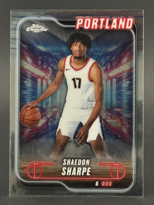 Shaedon Sharpe 2023-24 Topps Chrome basketball card #G, showing Sharpe dribbling in a Portland uniform.