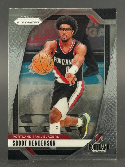 Scoot Henderson Panini Prizm basketball card, featuring him in a Portland Trail Blazers uniform.
