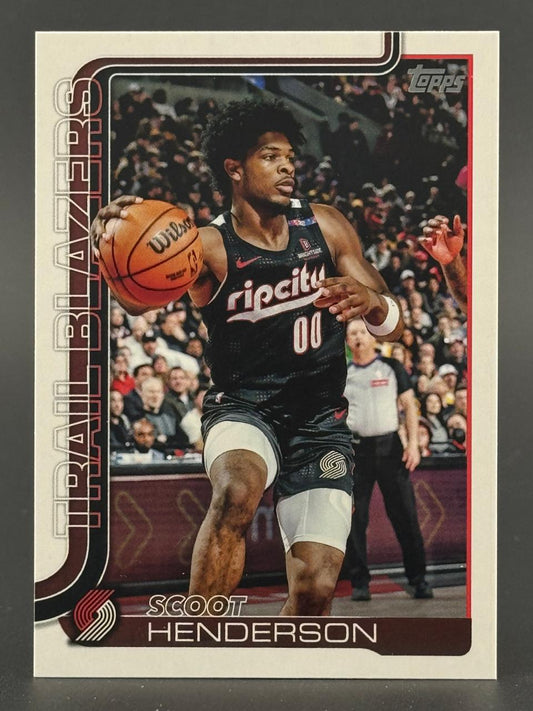Scoot Henderson Trail Blazers basketball trading card dribbling a basketball.