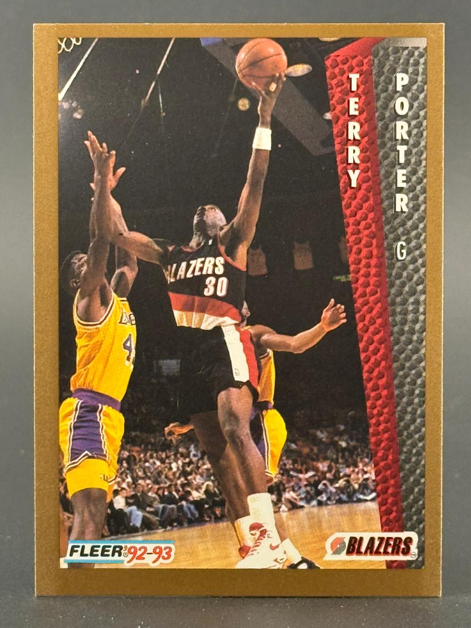 1992-93 Fleer Terry Porter basketball card featuring him shooting over an opponent.