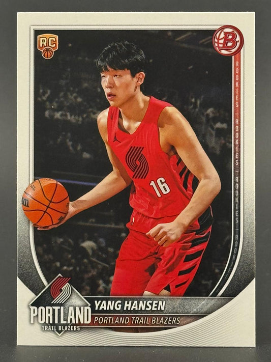 Yang Hansen 2024 Bowman University Chrome trading card, Portland Trail Blazers #16, rookie card.