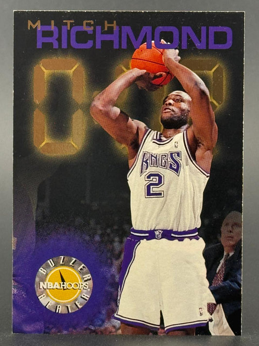 Mitch Richmond 1990s NBA Hoops Buzzer Beater trading card shooting a basketball.